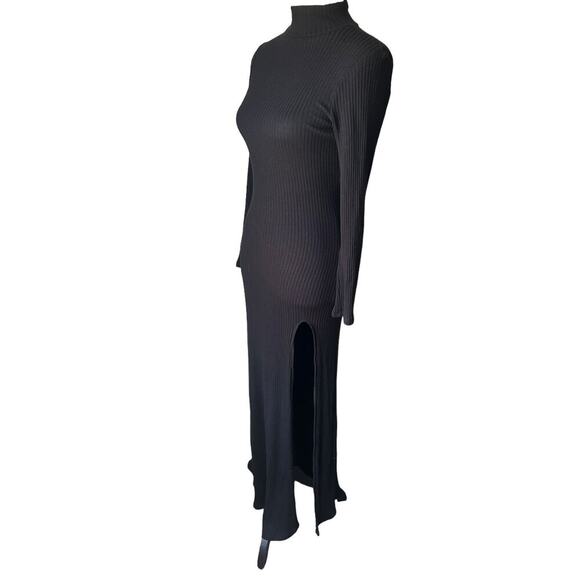 Reformation Albee Black Ribbed Long Sleeve Mock Neck Maxi Dress Side Slit - XS - Picture 6 of 11